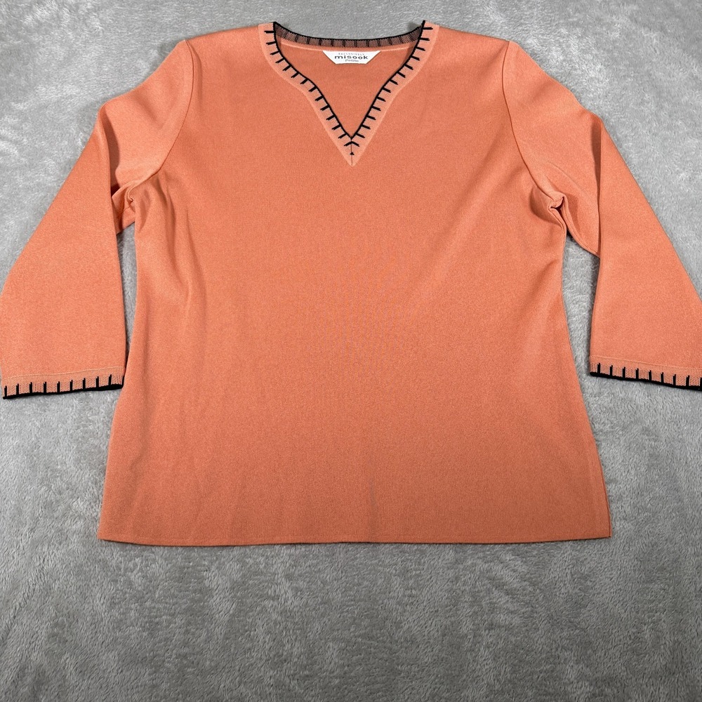 Misook Sweater Womens Petite Size P Orange V-Neck‎ 3/4 Sleeve Knit Pullover